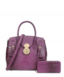 2in1 Crocodile Accented Satchel Handbag With Wallet CY-8921W PURPLE /